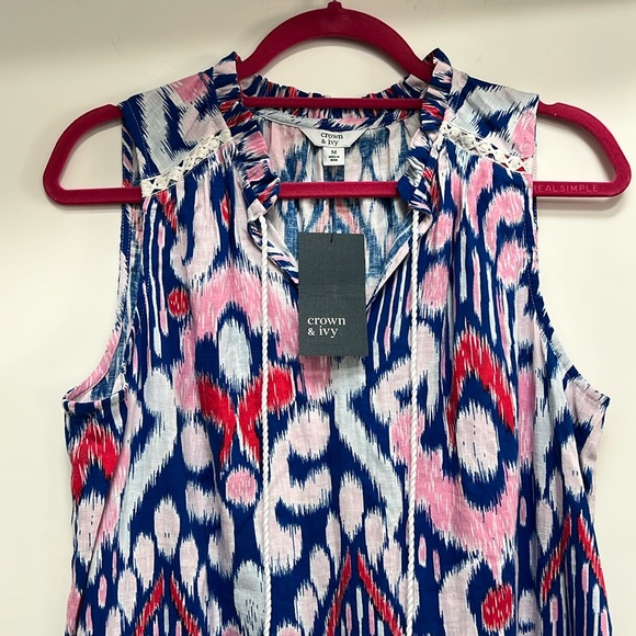 Crown & Ivy blue pink IKAT print Sz. Medium shift peasant dress NEW - Picture 2 of 7